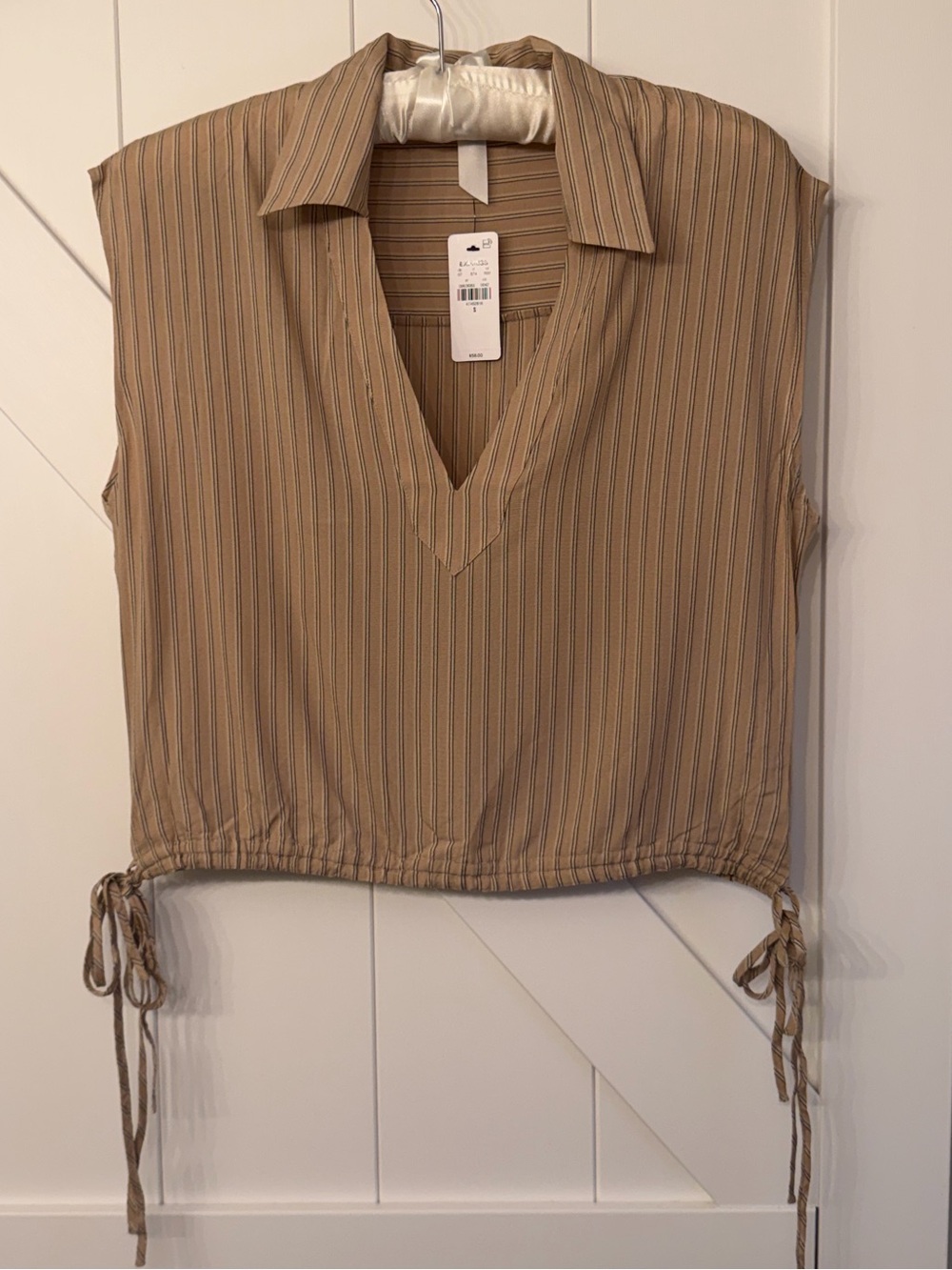 Express Striped Sleeveless V-Neck Tie-Hem Tunic in Tan and Cream
